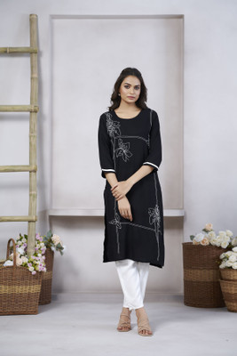 tckty Women Embroidered Straight Kurta(Black)
