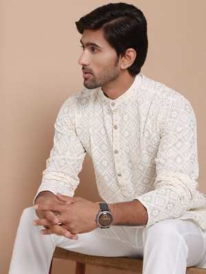 ANOUK Men Embroidered Straight Kurta(White)