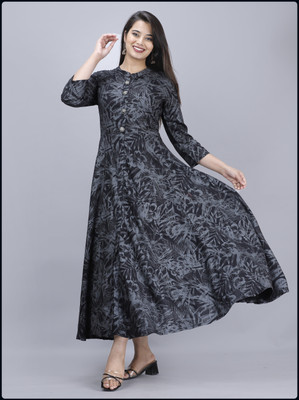 The Anvitextile Women Printed Anarkali Kurta(Black)