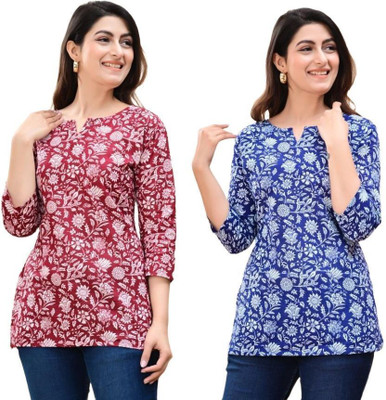GURUFASHIONS Women Printed Straight Kurta(Red, Blue)