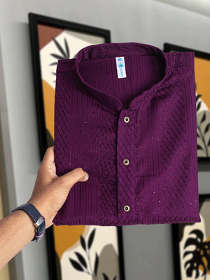 FOXDX Men Solid Straight Kurta(Purple)