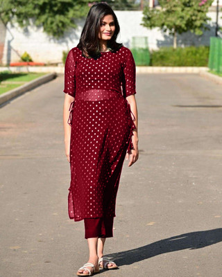 PuriMaa Women Printed Straight Kurta(Maroon)