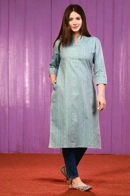 Ladylaz Women Striped Straight Kurta(Green)