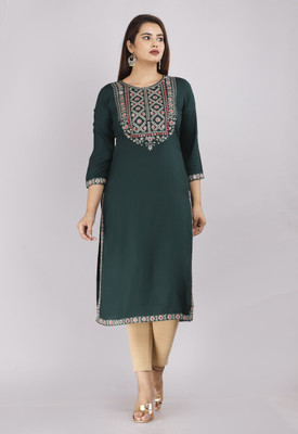 RUNICHA Women Embroidered Straight Kurta(Dark Green)