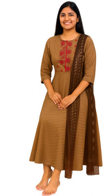 Orange Paper Women Embroidered, Self Design Anarkali Kurta(Brown)