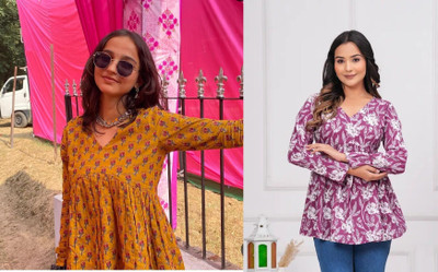 ARZOO Women Floral Print Flared Kurta(Orange, Purple)