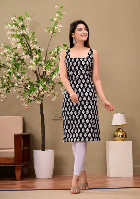 PS Creation Women Printed Straight Kurta(Black)