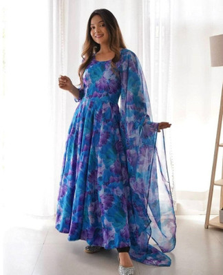 Ragota Women Floral Print Anarkali Kurta(Blue)