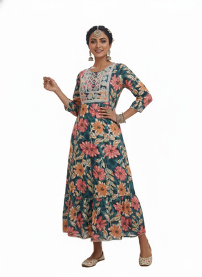Kisu Women Floral Print Flared Kurta(Multicolor)