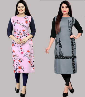 maruti fab Women Printed, Striped Straight Kurta(Pink)