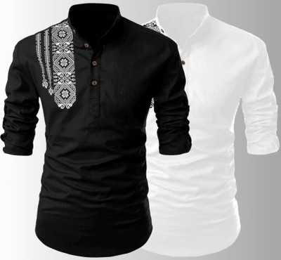 Kavyangle Creation Men Printed Straight Kurta(Black, White)