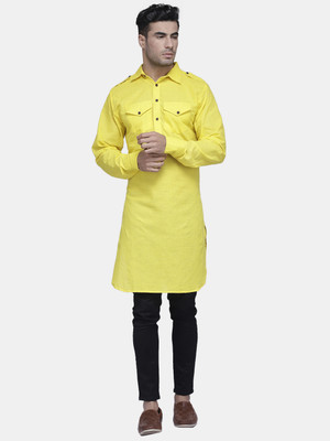 Enchanted Drapes Men Solid Pathani Kurta(Yellow)