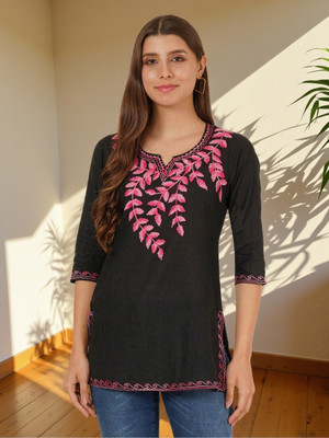 Miss Peach Women Embroidered A-line Kurta(Black)