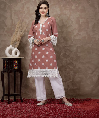 PLUSS Women Printed A-line Kurta(Brown, White)