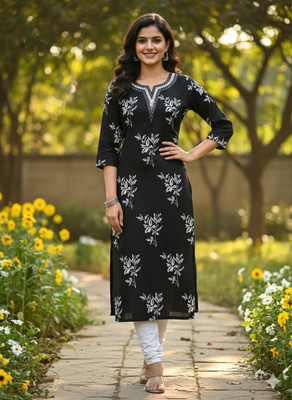 AURIPRX FASHION Women Embroidered, Printed Straight Kurta(Black)