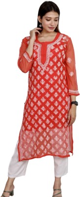 INDICRAFT Women Chikan Embroidery Straight Kurta(White, Red)