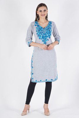 CROWN KING GARMENTS Women Embroidered Straight Kurta(Grey)
