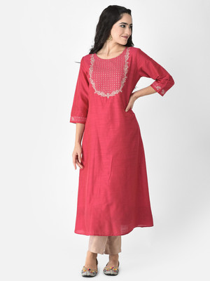 Span Women Self Design A-line Kurta(Pink)