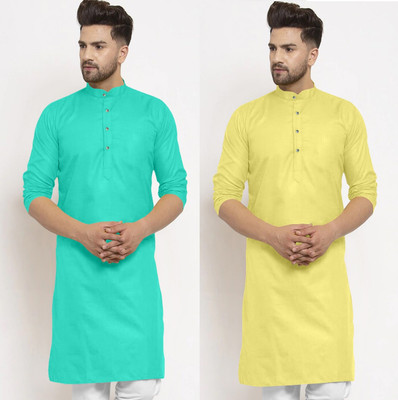 tejvin Men Solid Straight Kurta(Multicolor, Yellow)