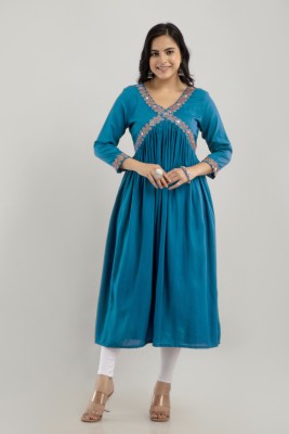 ftDiva Women Embroidered, Embellished Straight Kurta(Blue)
