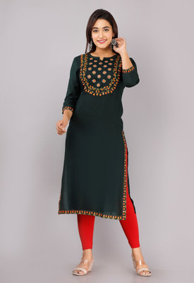 STYLE ANGEL Women Embroidered Straight Kurta(Dark Green)