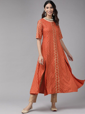 AKIKO Women Striped Anarkali Kurta(Orange)