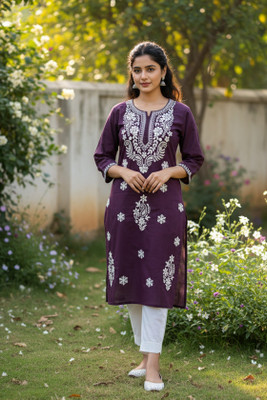 ChikankariArts Women Embroidered Straight Kurta(Green)