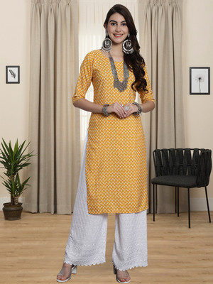 1 Stop Fashion Women Printed A-line Kurta(Yellow)