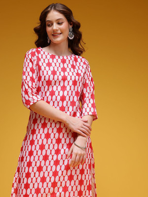HERE&NOW Women Geometric Print Straight Kurta(Pink, White)