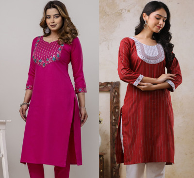 AuzaSho Collection Women Embroidered Straight Kurta(Pink, Red)