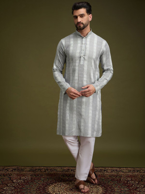 ANOUK Men Geometric Print Straight Kurta(Grey)