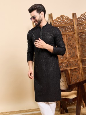 Ethnic Bay Men Embroidered Straight Kurta(Black)