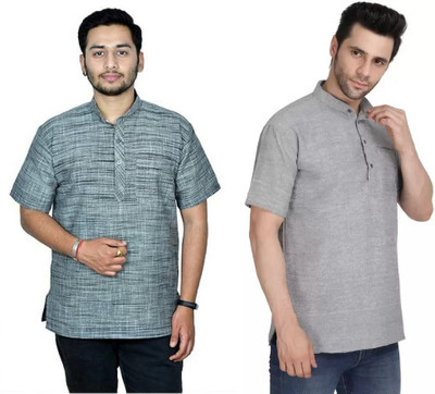 isdfabric Men Solid Straight Kurta(Grey, Blue)