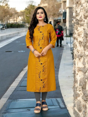 Ladylaz Women Embroidered Straight Kurta(Yellow)