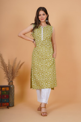Rimeline Women Printed Straight Kurta(Green)