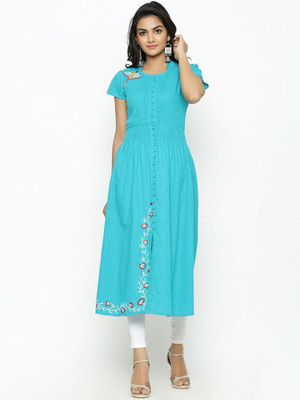 Yash Gallery Women Embroidered A-line Kurta(Light Blue)