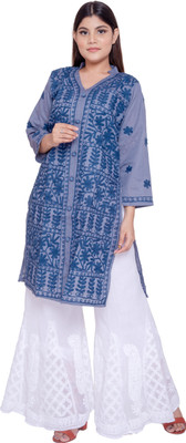 Sidra handicraft Women Embroidered Straight Kurta(Grey, Blue)