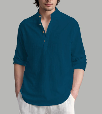 HOC's Men Self Design Straight Kurta(Blue)