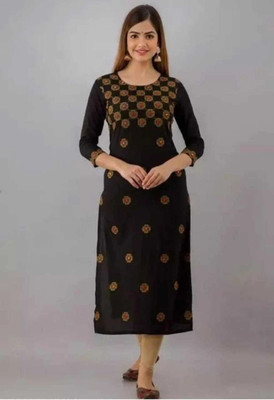 GODWEEN Women Printed Straight Kurta(Black)