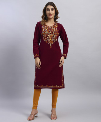 HEMLOCK Women Embroidered Straight Kurta(Maroon)