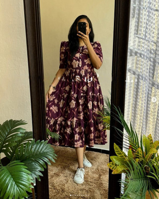 ASHRU Women Floral Print Flared Kurta(Purple)