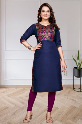 Aurya Women Printed A-line Kurta(Dark Blue)