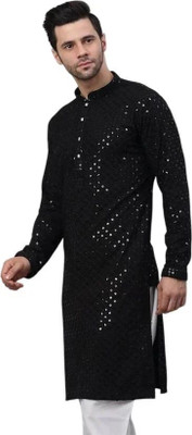 DHASU TRENDZ Men Embroidered Straight Kurta(Black)
