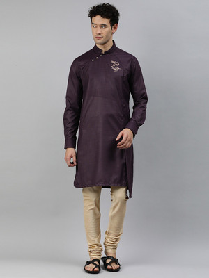 The Indian Garage Co. Men Solid Asymmetric Kurta(Brown)