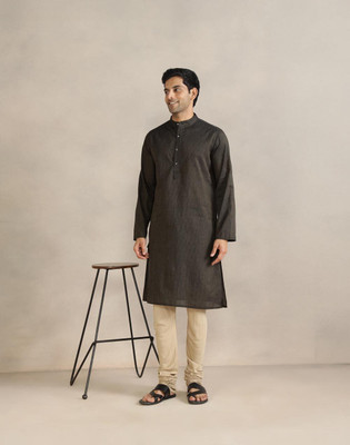 Fabindia Men Striped Straight Kurta(Black)