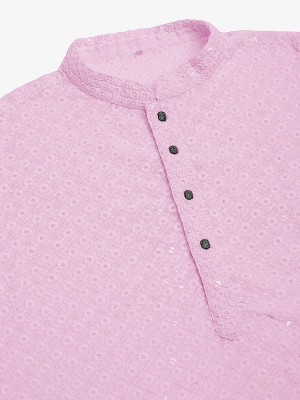 romj Men Chikan Embroidery Straight Kurta(Pink)