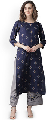 ANOUK Women Geometric Print Straight Kurta(Dark Blue)