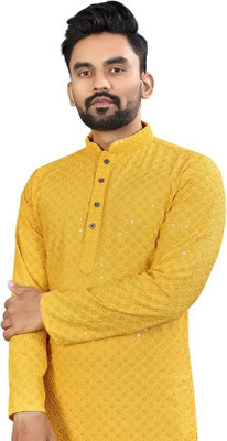 Ladyflock Men Chikan Embroidery Straight Kurta(Yellow)
