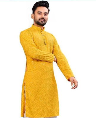 Vriha Enterprise Men Self Design Straight Kurta(Yellow)