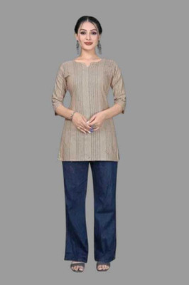 Texpa Creationku Women Striped Straight Kurta(Beige)